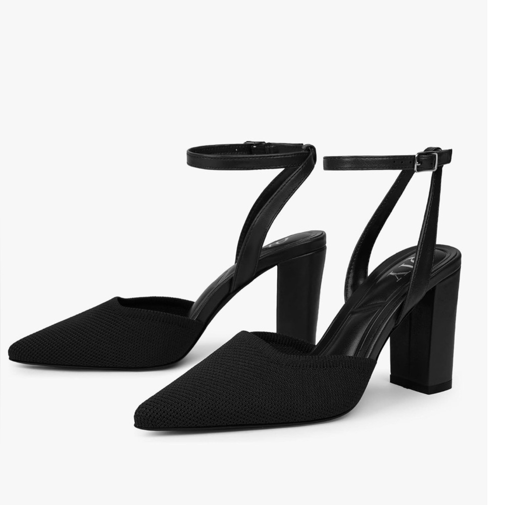 NIB QIY Black Knit Pointed Toe Block Heel Slingback Pumps Size 10